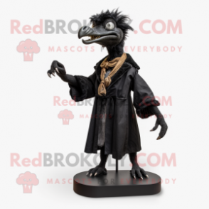 Black Deinonychus mascot costume character dressed with a Coat and Hairpins
