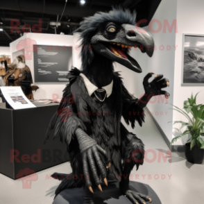 Black Deinonychus mascot costume character dressed with a Coat and Hairpins
