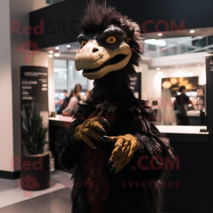 Black Deinonychus mascot costume character dressed with a Coat and Hairpins
