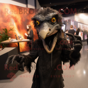 Black Deinonychus mascot costume character dressed with a Coat and Hairpins
