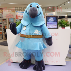 Sky Blue Walrus mascot costume character dressed with a Blouse and Shoe clips