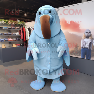 Sky Blue Walrus mascot costume character dressed with a Blouse and Shoe clips