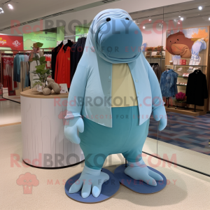 Sky Blue Walrus mascot costume character dressed with a Blouse and Shoe clips