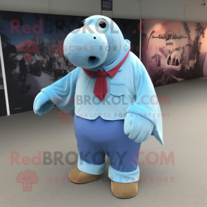 Sky Blue Walrus mascot costume character dressed with a Blouse and Shoe clips