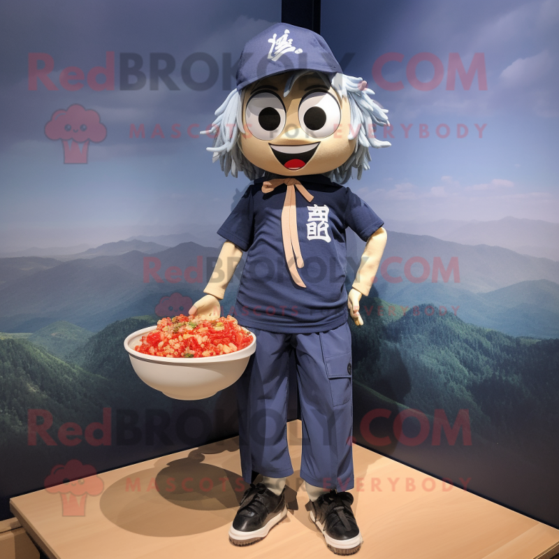 Navy Ramen mascot costume character dressed with a Chambray Shirt and Shoe laces Navy Ramen mascot costume character dressed with a Chambray Shirt and Shoe laces