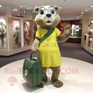 Olive Mongoose mascot costume character dressed with a Mini Dress and Handbags