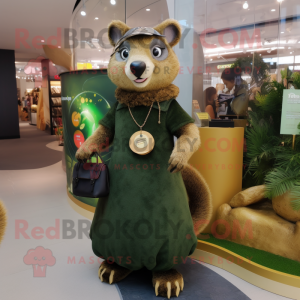 Olive Mongoose mascot costume character dressed with a Mini Dress and Handbags