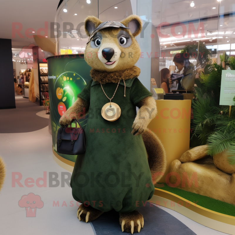 Olive Mongoose mascot costume character dressed with a Mini Dress and Handbags