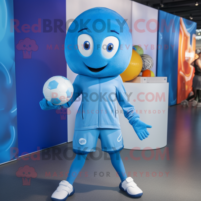 Blue Handball Ball mascot costume character dressed with a Yoga Pants and Beanies Blue Handball Ball mascot costume character dressed with a Yoga Pants and Beanies