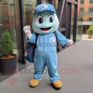 Sky Blue Baseball Ball mascot costume character dressed with a Dungarees and Backpacks
