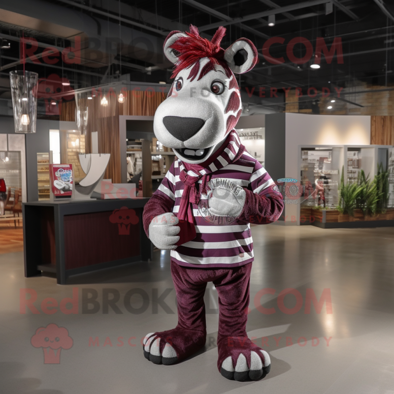 Maroon Zebra mascot costume character dressed with a Flannel Shirt and Rings