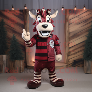 Maroon Zebra mascot costume character dressed with a Flannel Shirt and Rings
