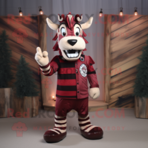 Maroon Zebra mascot costume character dressed with a Flannel Shirt and Rings