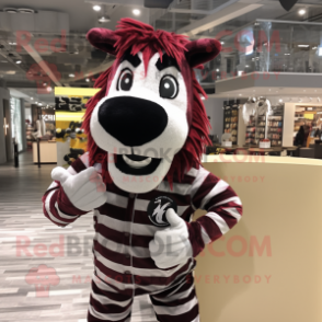 Maroon Zebra mascot costume character dressed with a Flannel Shirt and Rings