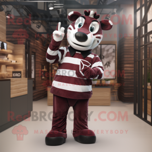 Maroon Zebra mascot costume character dressed with a Flannel Shirt and Rings