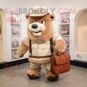 Beige Bison mascot costume character dressed with a Overalls and Handbags