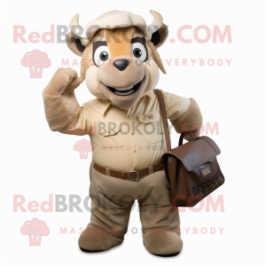 Beige Bison mascot costume character dressed with a Overalls and Handbags