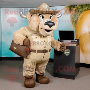 Beige Bison mascot costume character dressed with a Overalls and Handbags