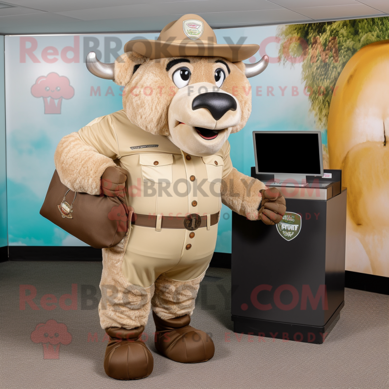 Beige Bison mascot costume character dressed with a Overalls and Handbags