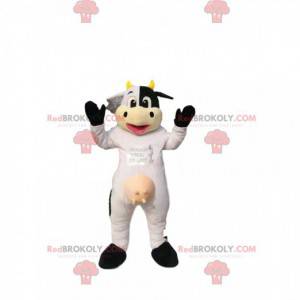 Mascotte mucca bianca e nera, con le corna gialle. -