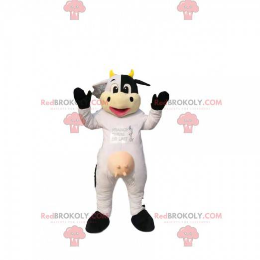 Mascotte mucca bianca e nera, con le corna gialle. -