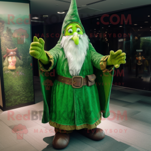 Green Wizard mascot costume character dressed with a Cardigan and Foot pads