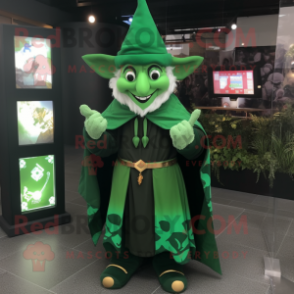 Green Wizard mascot costume character dressed with a Cardigan and Foot pads