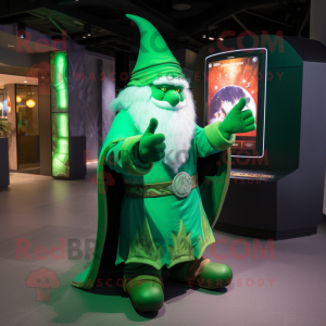 Green Wizard mascot costume character dressed with a Cardigan and Foot pads