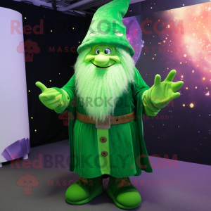 Green Wizard mascot costume character dressed with a Cardigan and Foot pads