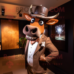 Brown Zebu mascot costume character dressed with a Tuxedo and Headbands