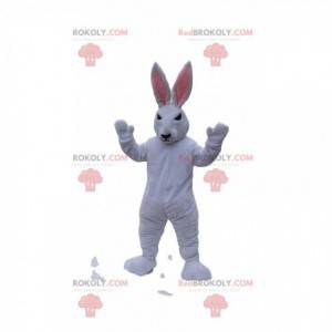 Hvit kaninmaskot med et stygt utseende. Bunny kostyme -