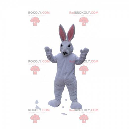 White rabbit mascot with a nasty look. Bunny costume -