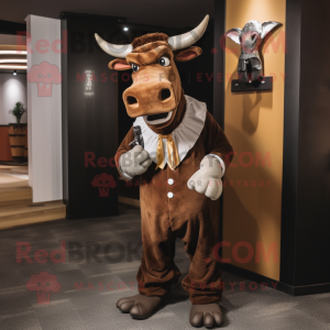 Brown Zebu mascot costume character dressed with a Tuxedo and Headbands