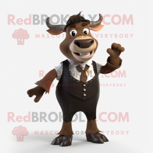 Brown Zebu mascot costume character dressed with a Tuxedo and Headbands