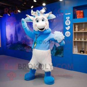 Blue Goat mascot costume character dressed with a Trousers and Mittens