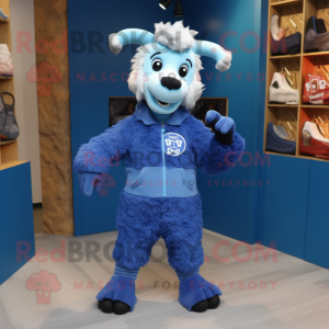 Blue Goat mascot costume character dressed with a Trousers and Mittens