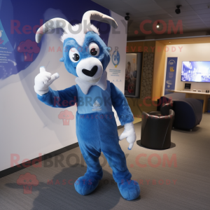 Blue Goat mascot costume character dressed with a Trousers and Mittens