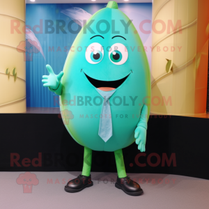 Turquoise Melon mascot costume character dressed with a Suit and Earrings