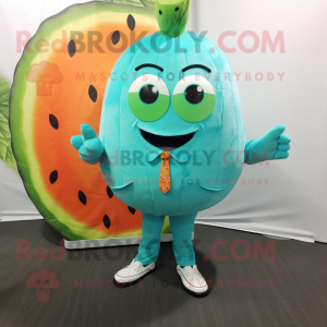 Turquoise Melon mascot costume character dressed with a Suit and Earrings