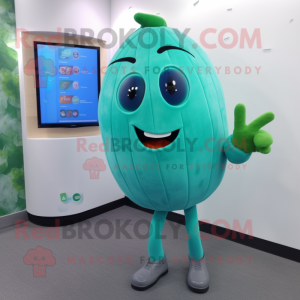 Turquoise Melon mascot costume character dressed with a Suit and Earrings