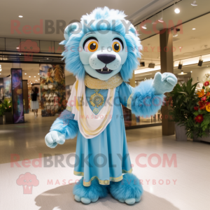 Sky Blue Lion mascot costume character dressed with a A-Line Dress and Shawls