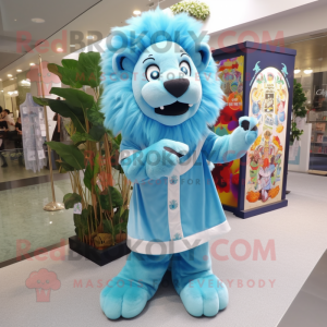 Sky Blue Lion mascot costume character dressed with a A-Line Dress and Shawls