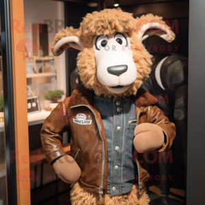 Brown Merino Sheep mascot costume character dressed with a Leather Jacket and Pocket squares