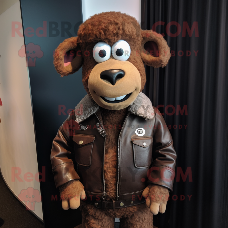 Brown Merino Sheep mascot costume character dressed with a Leather Jacket and Pocket squares