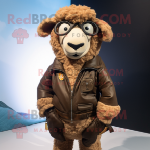 Brown Merino Sheep mascot costume character dressed with a Leather Jacket and Pocket squares