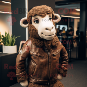 Brown Merino Sheep mascot costume character dressed with a Leather Jacket and Pocket squares