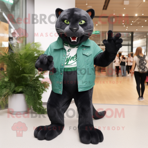 Forest Green Panther mascot costume character dressed with a Boyfriend Jeans and Brooches