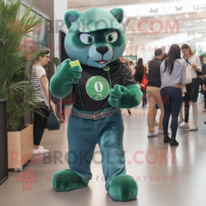 Forest Green Panther mascot costume character dressed with a Boyfriend Jeans and Brooches