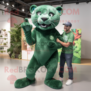 Forest Green Panther mascot costume character dressed with a Boyfriend Jeans and Brooches