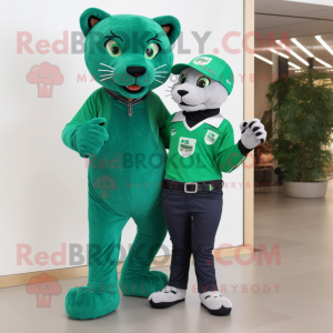 Forest Green Panther mascot costume character dressed with a Boyfriend Jeans and Brooches
